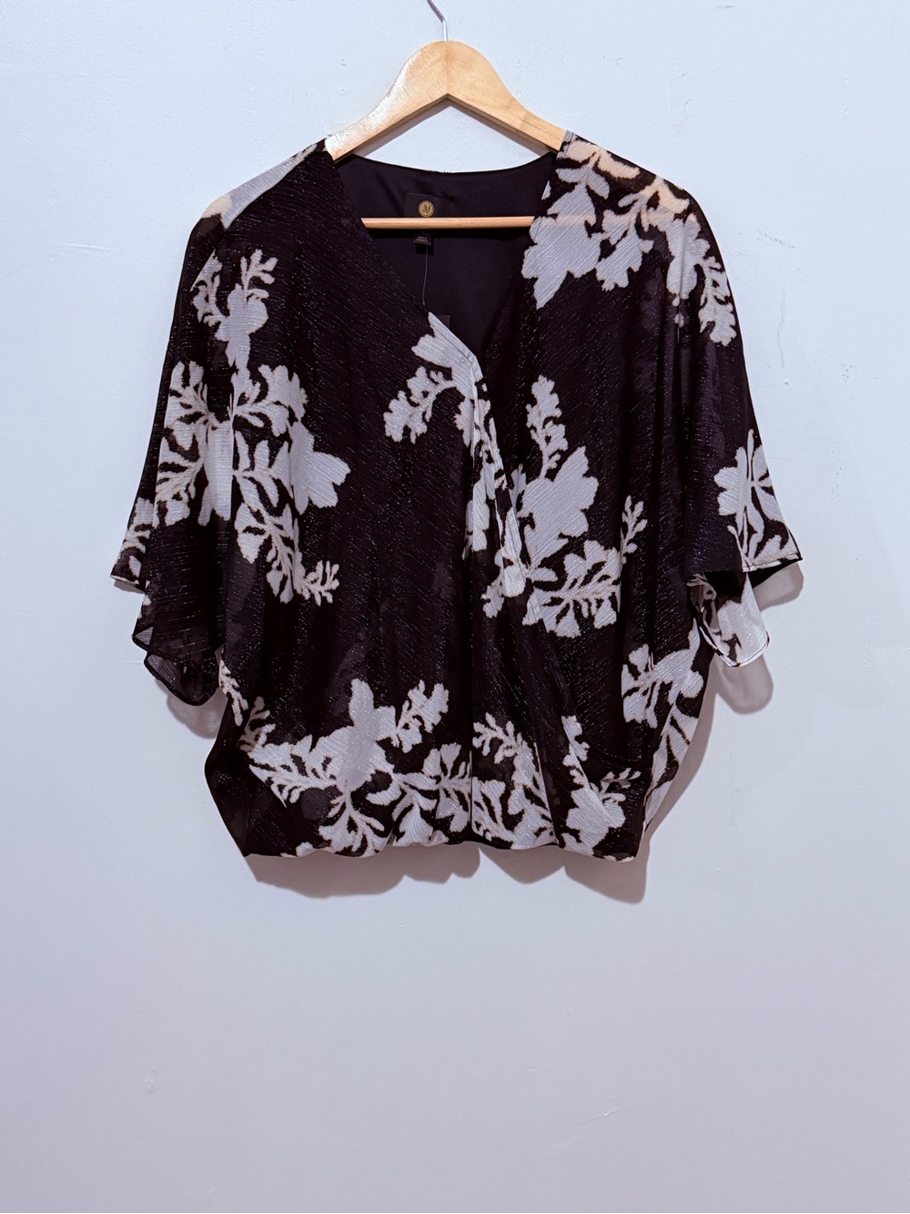 JM Collection Black and Ivory Floral Surplice Blouse